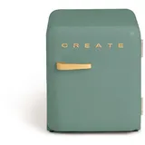 CREATE / RETRO FRIDGE 50 WOOD/Kühlschrank in Salbeigrün, Griff Wood / 85W, Minibar, eine Regalfläche, Retro-Design, 50cm, zwei Ablagen, 48L Fassungsvermögen, energiesparend, 50x44x49,8cm