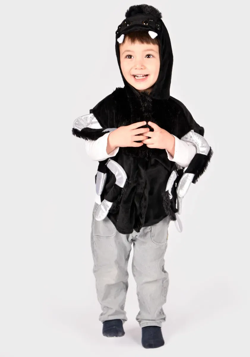 Spinnenkostüm Kinder 1,5–4 Jahre Schwarz Polyester - gepolsterte Beine, Kapuze, einfacher Reißverschluss - Den Goda Fen