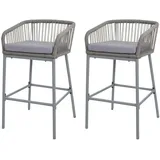 Mendler 2er-Set Rope-Barhocker HWC-O22, Tresenhocker, Outdoor Sitzpolster Seilgeflecht Metall ~ hellgrau, Kissen hellgrau