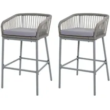 Mendler 2er-Set Rope-Barhocker HWC-O22, Tresenhocker, Outdoor Sitzpolster Seilgeflecht Metall ~ hellgrau, Kissen hellgrau