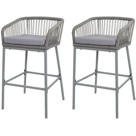 Mendler 2er-Set Rope-Barhocker HWC-O22, Tresenhocker, Outdoor Sitzpolster Seilgeflecht Metall ~ hellgrau, Kissen hellgrau
