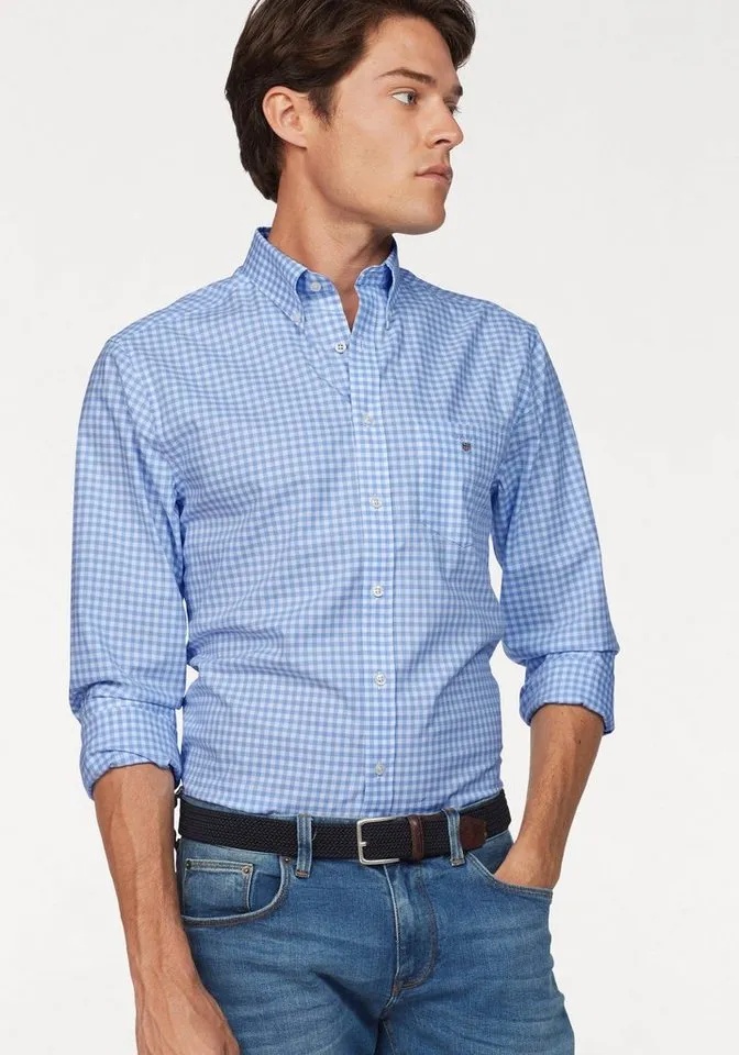 Gant Karohemd Regular Fit Gingham Popeline Hemd strapazierfähig pflegeleicht kariert mit abgerundetem Saum blau L (41/42)