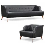 Schwarze Wohnzimmer Sitzgarnitur Edler Dreisitzer Cocktailsessel 2tlg