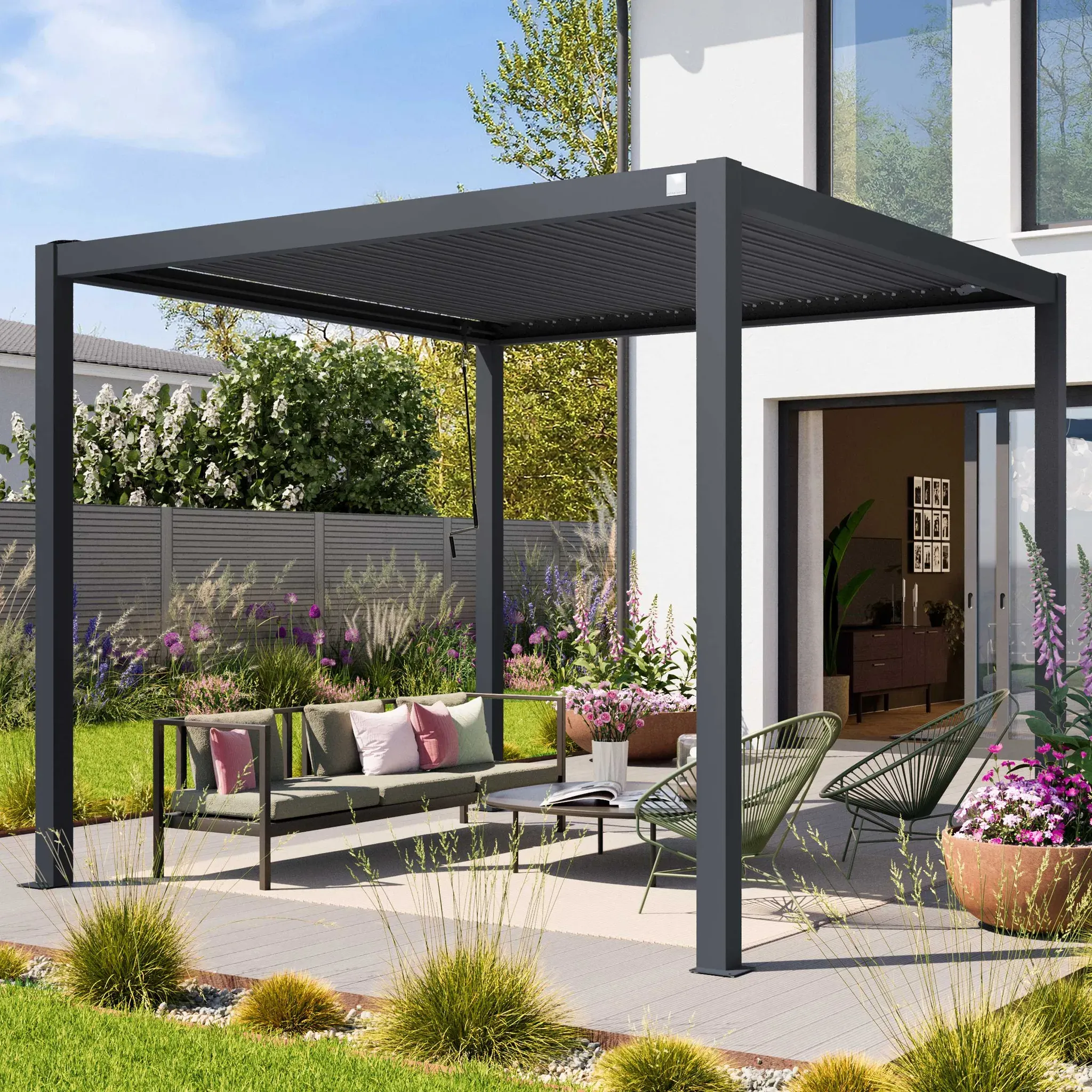 PRIMEYARD  3x3m Pergola in Anthrazit; mit Lamellendach in Anthrazit - (400122)