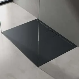 doporro Duschtasse Duschwanne 80x90x3 flach Mineralguss in Anthrazit inkl. Ablaufgarnitur Al06 DIN-Anschlüsse für Bodenebene Montage geeignet Geoma07 - doporro