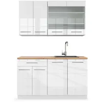 Vicco Fame-Line, Singleküche Weiß Hochglanz/Weiß 140 cm, AP Eiche