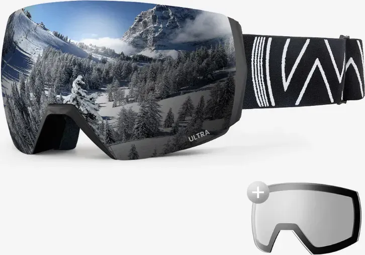 OutdoorMaster ULTRA Ski- und Snowboardbrille + Linsen-Set für Herren und Damen - Schwarzer Rahmen mit grauer Linse und silberner + klarer Linse