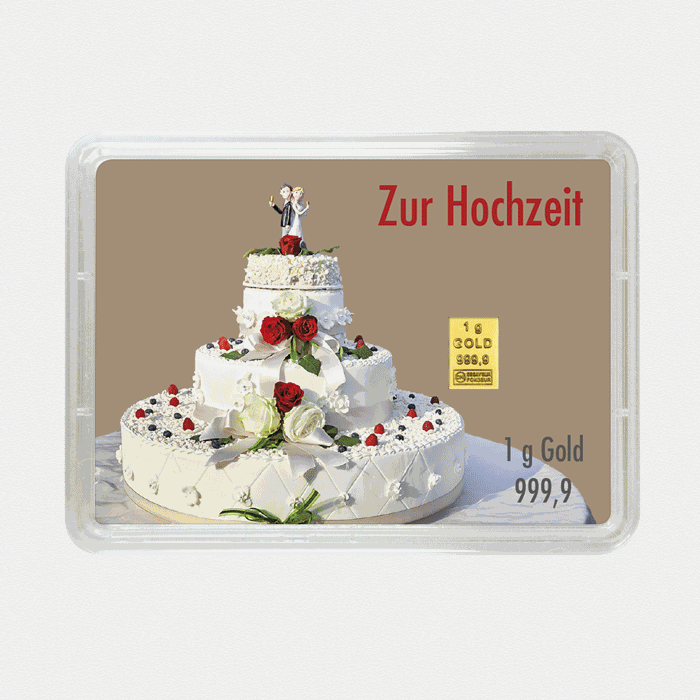 Goldbarren 1g Blumen+Torte/Hochzeit (Flip)