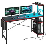 Bestier 155CM Eck-Computertisch mit Steckdosen Computertisch mit LED-Leuchten Umkehrbarer Schreibtisch mit Seitentasche Aufbewahrungstasche & Zubehöraufhänger für Home Office Small Space Schwarz