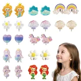 12 Paar Klipp Ohrringe Kinder Mädchen, Ohrclips Mädchen, Ohrklipser Kinder, Clip Ohrringe Magnet, Hübsch-Meerjungfrau-Prinzessin-Ohrring Set