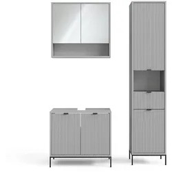 Vicco Badmöbel-Set Eliza, Grau, Badezimmer, moderne Badserie, extravagante Fronten, Waschtischunterschrank, Spiegelschrank, Hochschrank