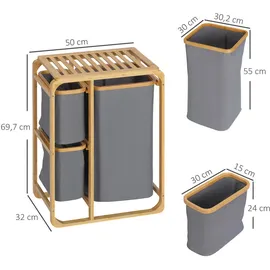 Homcom Wäschekorb Wäschebox mit 3 abnehmbaren Wäschesacke Wäschesortierer für Schlafzimmer Badezimmer Bambus grau, natur