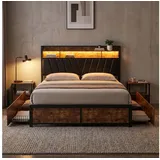 Simurq Metallbett LED-Metall-Doppelbett mit Stauraum im Kopfteil und Lattenrost (1 Set, Bettgestell mit vier Schubladen und Kopfteil), Metallbettgestell, mit vier Schubladen, in drei Größen erhältlich 200 cm x 140 cm