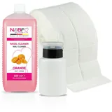 N&BF Nagel Cleaner Set mit Duft 500ml + Dispenser Pumpflasche Schwarz 150ml + 1000 Zelletten Cellulose Pads (2 Rollen à 500 Stück) - 70% Isopropanol-Alkohol – für Gelnägel – Nagelreiniger (Orange)