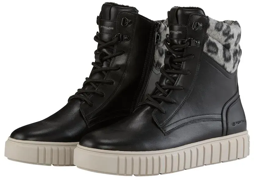 TOM TAILOR Damen Gefütterte Stiefelette mit Leo-Detail, schwarz, Uni, Gr. 37