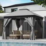 LAUSAINT HOME Pavillon 3x3 m Semi-Permanenter Gartenpavillon, Partyzelt Unterstand mit Doppeldach, Moskitonetzen & Sichtschutzwänden, Grau 304,8 x 304,8 cm für Garten Hinterhof