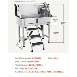 Vevor Hundewaschstation aus Edelstahl, 870x488x1025 mm Tierpflegewanne mit Ablagetreppe, Wasserhahn, Duschkopf & Seifenhalter, Hundebadewanne, für mittelgroße & kleine Haustiere (linke Tür)