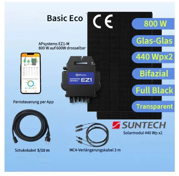 Balkonkraftwerk Basic Eco M 800W/880Wp EZ1-M&Suntech 440 Bifazial Full Black