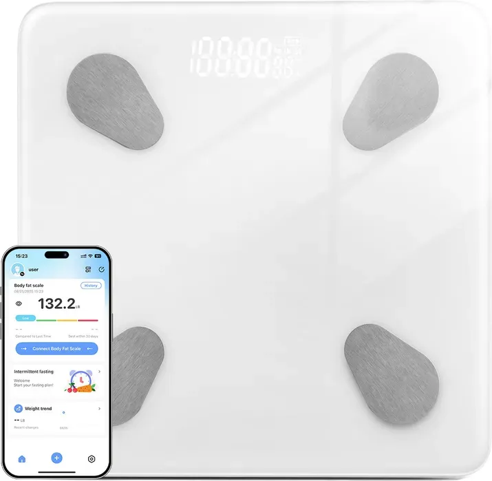 Sparoma ACLY-28White Digitale Körperfettwaage (Weiß) – Bluetooth APP Körperfettüberwachung, Gesundheitsdatenverwaltung für mehrere Benutzer, hochpräzises Wiegen, Batteriemodell (2×AAA, nicht enthalten)