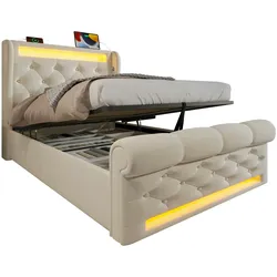 OKWISH Design Polsterbett "Cloud" 90x200 cm mit LED-Beleuchtung, Stauraum & Ladestation – Modernes Samtbett in Beige