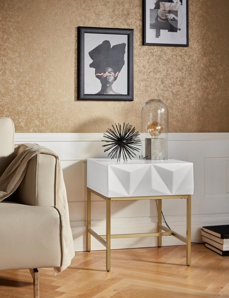 Leonique Beistelltisch Minfi, Schublade mit 3D-Front, auch als Nachttisch geeignet, Breite 50 cm weiß
