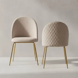 KADIMA DESIGN Skandinavischer Esszimmerstuhl 2er Set POLLY: Diamantrückenmuster, Samtbezug, lackiertes Eisengestell, 53x86x50 cm, Beige/Grün.