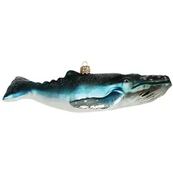 Christbaumschmuck Buckelwal 18cm - Glas Figur Mundgeblasen & Handbemalt Weihnachtsbaum Anhänger Weihnachten Christbaumanhänger Meerestiere Wal Blau