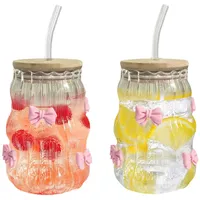 Tomotato 2 Stück 450 ml Glas mit Deckel und Strohhalm, Matcha Gläser Eiskaffee Gläser Cocktailglas Trinkgläser mit Deckel und Strohhalm für Latte, Macchiato, Milch, Eiskaffee und Eistee (Bogen)