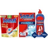 Somat Gold Spülmaschinen Tabs (49 Tabs) bei niedrigen Temperaturen, gegen Eingebranntes & Somat Klarspüler, Extra-Glanz | 750 ml & Somat Spezial Salz 1,2Kg