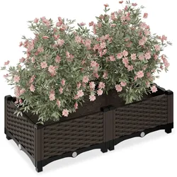 Relaxdays Pflanzkübel, Rattan-Optik, HBT: 23x80x40 cm, Garten, Balkon & Terrasse, Blumenkübel mit Wasserspeicher, braun