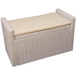 Mendler Aufbewahrungstruhe Truhe Sitzbank M92 Rattan mit Kissen 88cm ~ weiß
