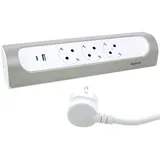Legrand Ecksteckdosenleiste, 45°abgewinkelt, 3-fach Steckdose, USB-A- und USB-C-Anschluss, 3000mA - 5,0V -15 W MAX, Wand- und Tischmontage, 2 Meter Kabellänge, Ultraweiß/Aluminium, 694502