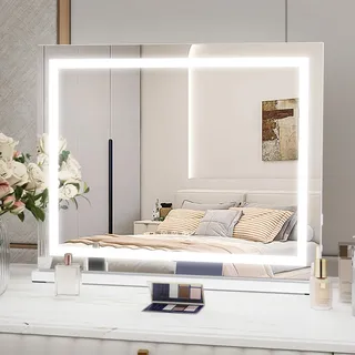 Fullwatt Schminkspiegel mit Beleuchtung 58X46 cm, Hollywood Spiegel mit LED Licht, 3 Farbtemperatur Licht, mit USB, Touch Control, Tischplatte oder Wandhalterung für Schlafzimmer