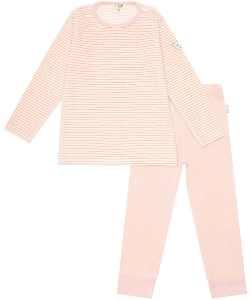 Steiff Kinder Schlafanzug Set - Nachtwäsche, Pyjama, Nicky Velours, lang, gestreift Rosa/Weiß 92