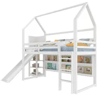 Hochbett mit Regal, Rutsche und LED-Beleuchtung, 90x200 cm, Kinderbett mit Rausfallschutz, Kiefer - Weiß