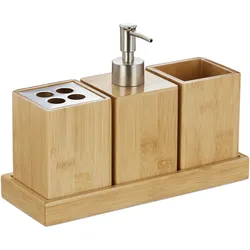 Relaxdays Badaccessoires Set, 4-teilig, Bambus, Pumpseifenspender, Zahnputzbecher, Zahnbürstenhalter, mit Schale, natur