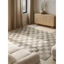 vikosa Quadra, beige Creme braun), B:120cm H:15mm L:180cm, Wolle, Teppiche, Handgemacht, Kariert, Karo, Natur, Wolle, Wohnzimmer,Schlafzimmer