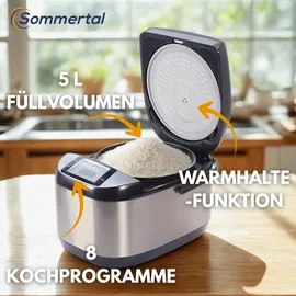 sommertal Reiskocher RK50 5 Liter – Elektrischer Reiskocher mit 3D Heizsystem, Warmhaltefunktion & Timer – Reiskocher mit Touch Bedienung