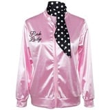 Nofonda Halloween Kostüm, Ladies Pink schicke Jacke 50er 60er 70er Jahre Damen Kostüm, Pink Jacke aus Satin mit Polka Dots Schal, Party Rock n Roll