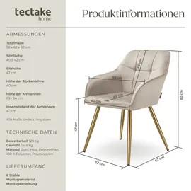 Tectake tectake® Esszimmerstuhl, gepolstert, in Samtoptik, gesteppt, schlanke, goldene Stahlbeine, 58 x 62 x 82 cm