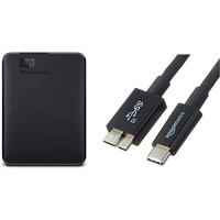 WD Elements Portable, Externe Festplatte - 2 TB - USB 3.0 - WDBU6Y0020BBK-WESN & Amazon Basics - Verbindungskabel, USB Typ C auf Micro-USB Typ B, USB 3.1, 2. Generation, 0,9 m, Schwarz