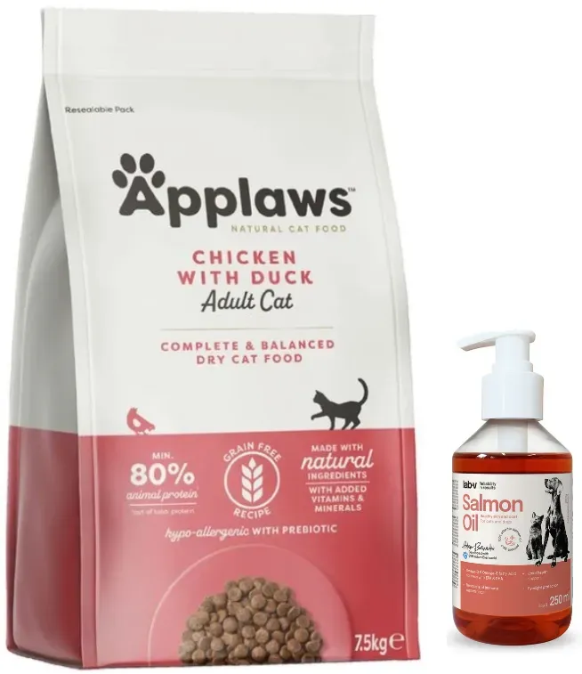 Applaws Katzentrockenfutter - Huhn mit Ente und Gemüse 7,5 kg + LAB V Lachsöl 250ml