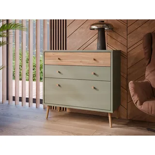 FORTE Harllson, einfache Montage Dank EasyKlix Kommode mit 3 Schubladen, Salbei mit Holzdekor: Mauvella Eiche, skandinavischer, moderner Stil, Sideboard 90 cm breit x 86 cm hoch x 41 cm tief