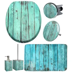 Badaccessoire-Set SANILO "Lumber", blau (blau, türkis), Holz, Polyester, Polyresin (Kunststein), Badaccessoires-Sets, bestehend aus WC-Sitz, Badteppich, Stöpsel, Seifenspender, WC-Bürste