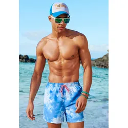 Badeshorts VENICE BEACH "Mat", Herren, Gr. XXL (58/60), N-Gr, weiß (hellblau, weiß), Microfaser, Recycling-Polyester, Microfaser, Batikmuster, Badehosen, mit trendigem Batikdruck