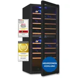 Exquisit Weinkühlschrank 2 Zonen, Platz für 114 Flaschen, 220 Liter, Umluftventilator, 9 Holzablagen, Temperaturanzeige, WS2-114-GTE-160G schwarz