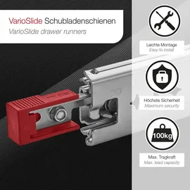 SOTech VarioSlide KV2-100-H53-L550-EH 550 mm – Schwerlast 100 kg, Einhandverriegelung mit Lock-in/out Einrastfunktion mit rotem Hebel Schwerlast-Vollauszug belastbar bis