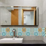 Fliesenaufkleber,Blaue orange Retro Textur Fliesenaufkleber, europäische Art Wohnzimmer Küche Badezimmer Hintergrund Mosaik Kristallfliesen Aufkleber 10 Stück -20CM