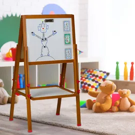 Relaxdays Kinderstandtafel, magnetische Spieltafel, höhenverstellbar, 102-135x55x52 cm, Whiteboard & Kreidetafel, braun