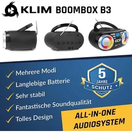 Klim Boombox B3 Tragbarer CD Player + FM Radio, CD, MP3, Bluetooth, AUX, USB, RGB LED + Kabel- & kabelloser Betrieb mit wiederaufladbaren Akku + Verbesserte CD-Laserlinse + Digitaler EQ + Version